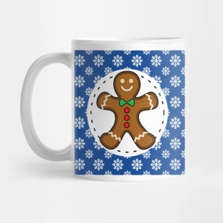 Gingerbread Man on Blue White Snowflakes Pattern Mug